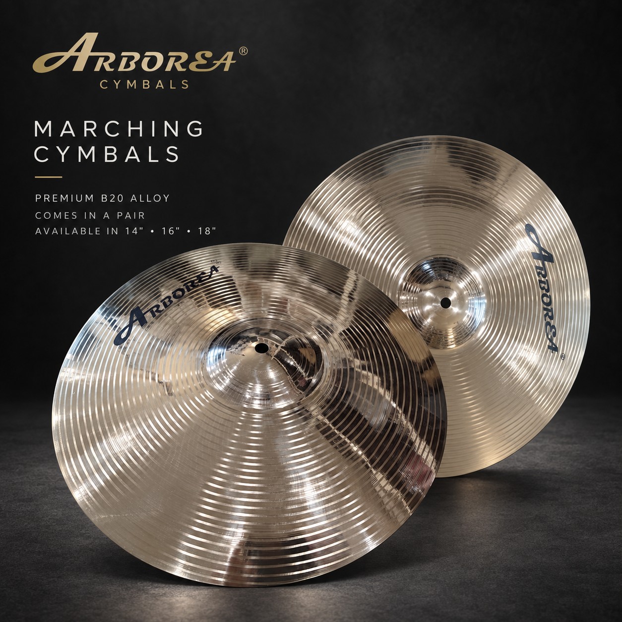 Pair of Arborea premium B20 marching cymbals available in 14, 16 and 18-inch sizes