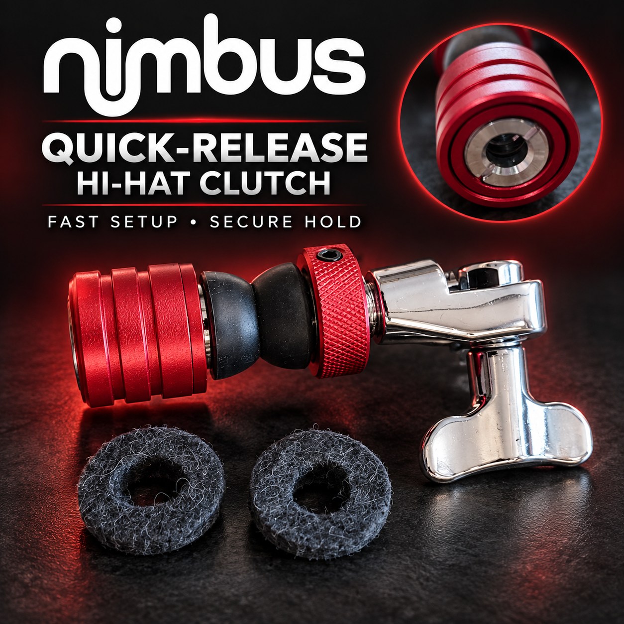 Red Nimbus quick-release hi-hat clutch with cymbal felts and chrome wing screw