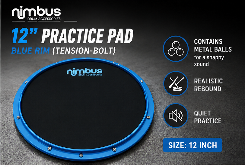 Nimbus 12-inch practice pad with blue tension-bolt rim