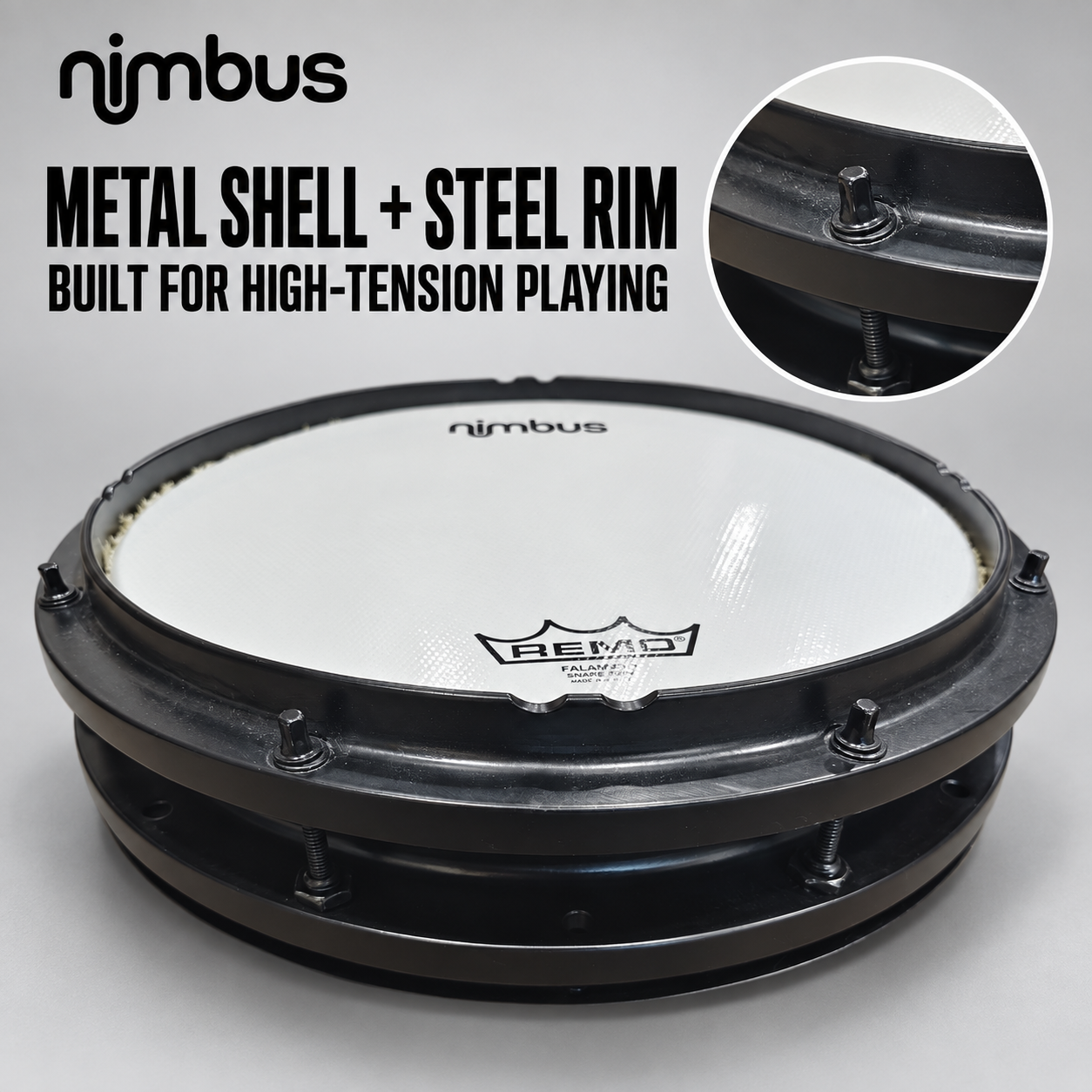 Nimbus Hybrid Snare Practice Pad with metal shell and steel rim