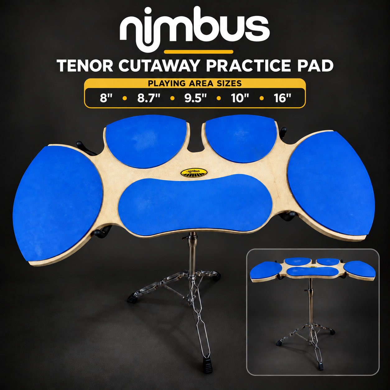 Nimbus Tenor Cutaway Practice Pad with blue multi-size playing areas