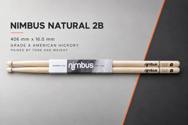 Nimbus Natural 2B American hickory drumsticks, 406 mm by 16.0 mm