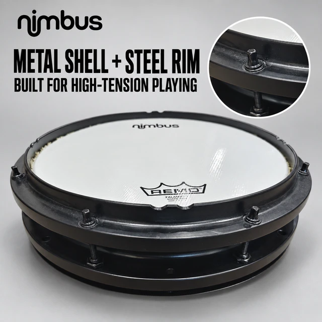 Nimbus Hybrid Snare Practice Pad with metal shell and steel rim