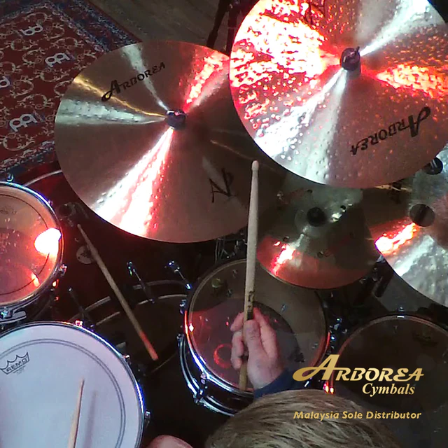 Arborea cymbals in a real drum setup, view 2