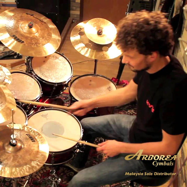 Arborea cymbals in a real drum setup, view 1