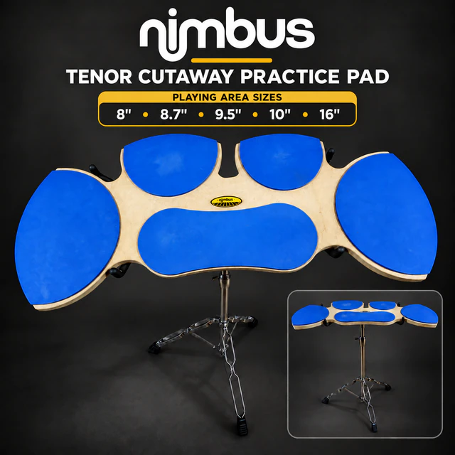 Nimbus Tenor Cutaway Practice Pad with blue multi-size playing areas