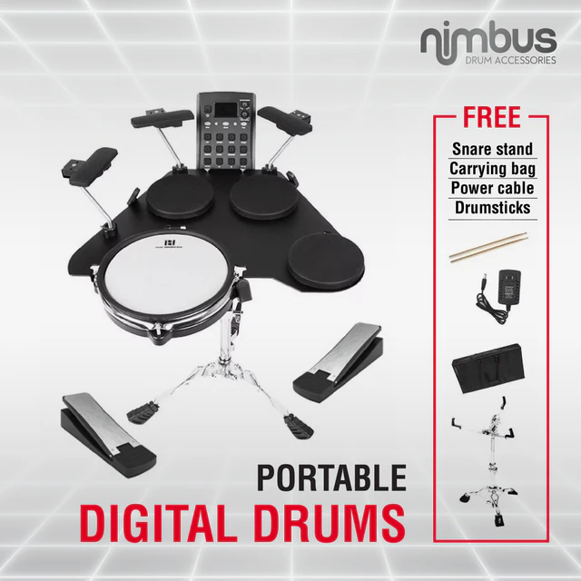 Nimbus D-1000 portable digital drums with snare stand, carrying bag and drumsticks
