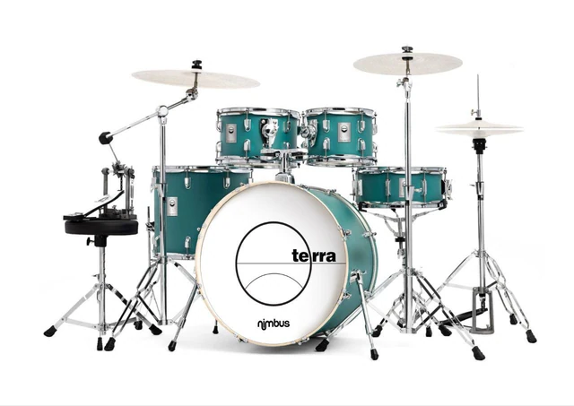 Nimbus Terra Series five-piece turquoise acoustic drum set with chrome hardware