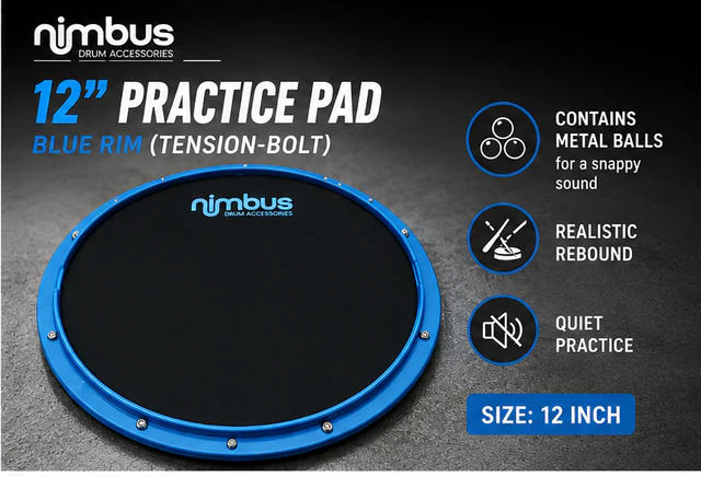 Nimbus 12-inch practice pad with blue tension-bolt rim
