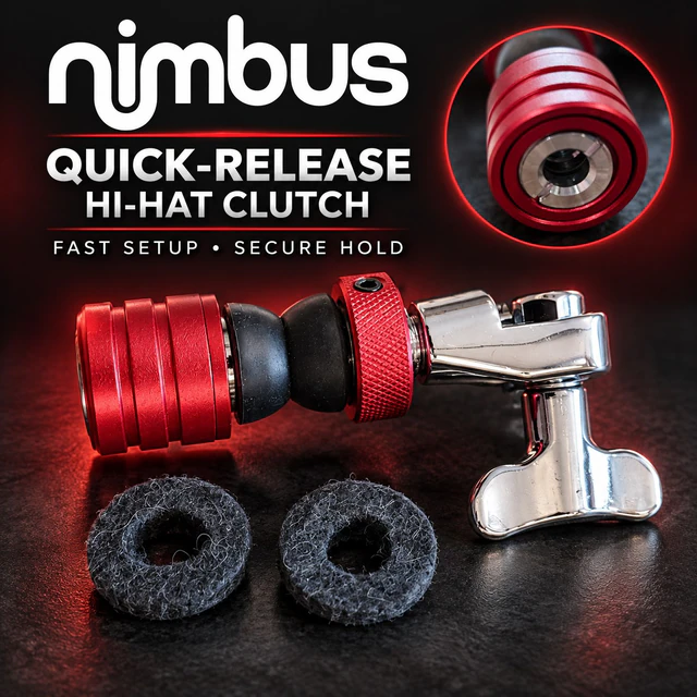 Red Nimbus quick-release hi-hat clutch with cymbal felts and chrome wing screw